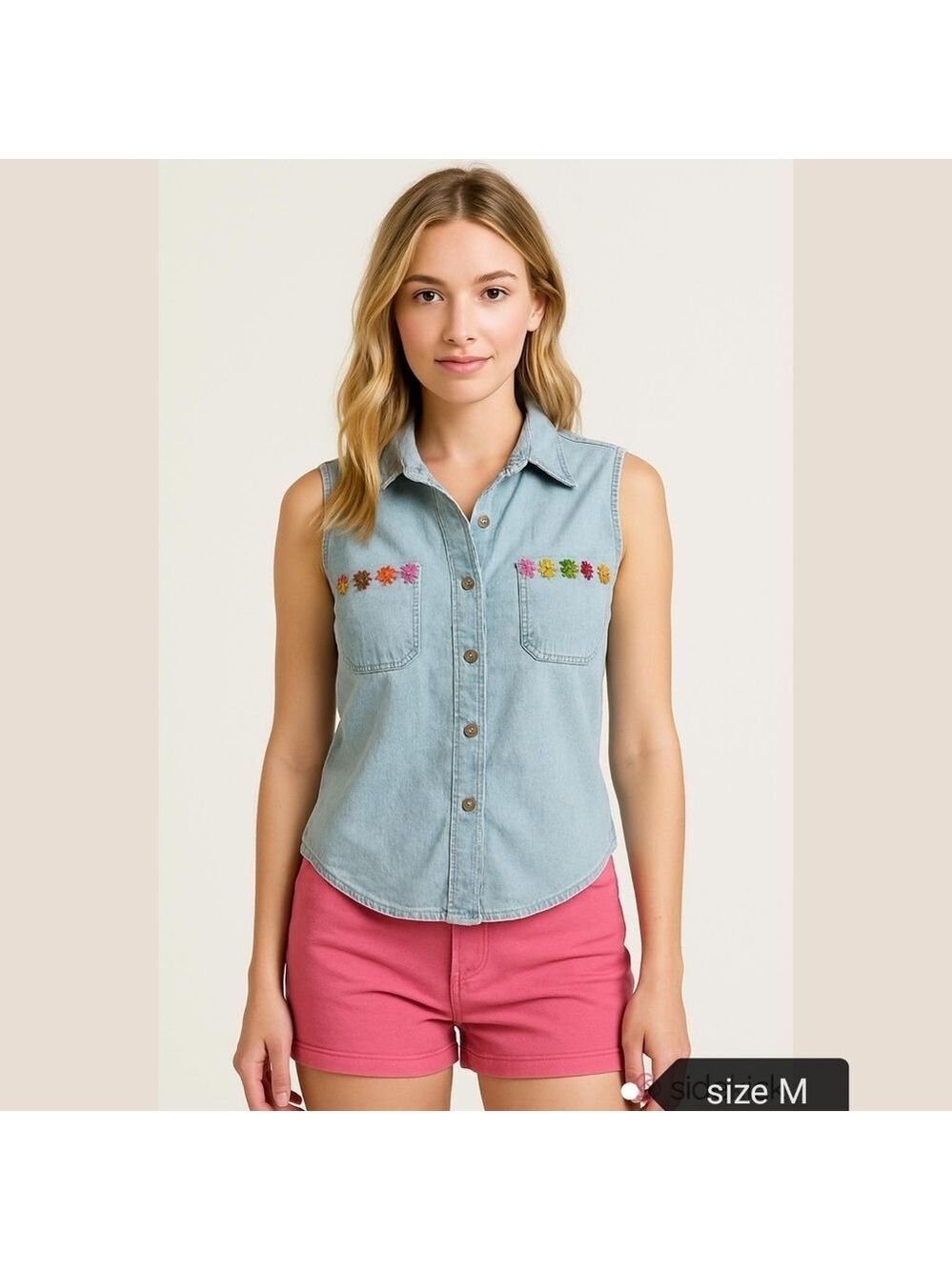 Vintage 1980s Jordache Denim Tank Top Blouse Flowers M